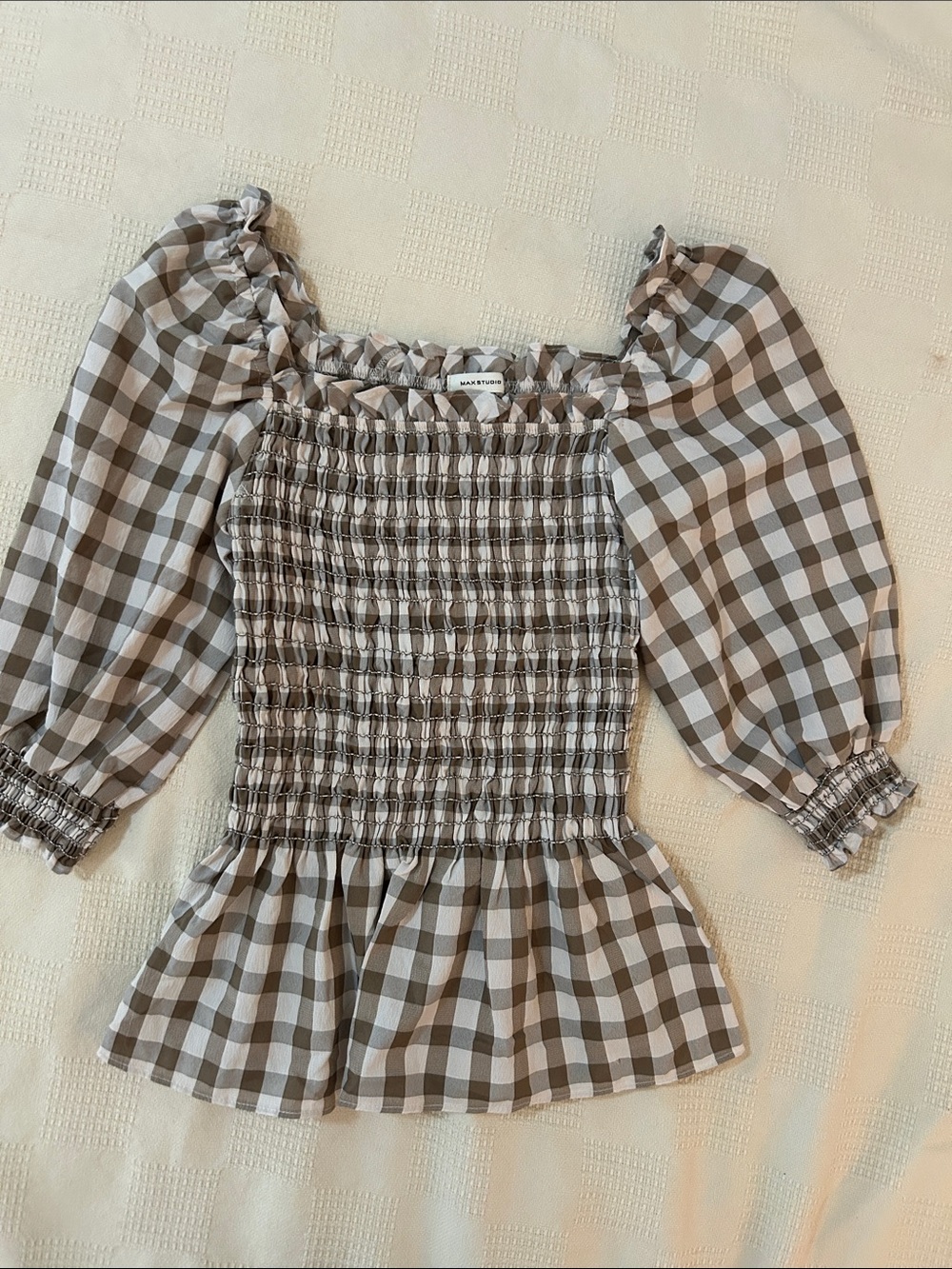 Max studio Brown & White Gingham Smocked Peplum Blouse small
